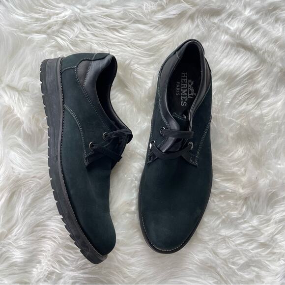HermesMen’s Black Nubuck Suede Leather Derby Shoe Lace-Up Classic Daily Flats